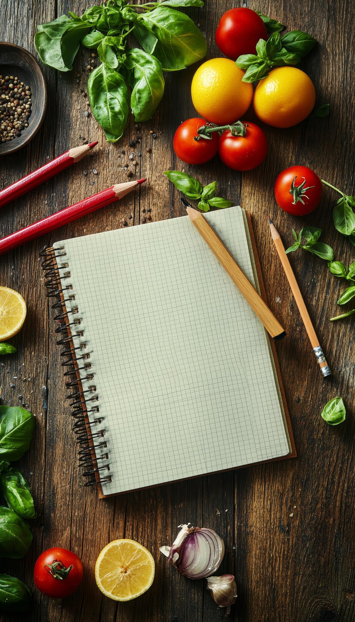 Tavolo con ingredienti freschi e quaderno di ricette